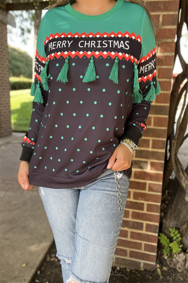 BQ15768 White"MERRY CHRISTMAS"words printed green dot green block solid color long sleeve women tops w/green tassels