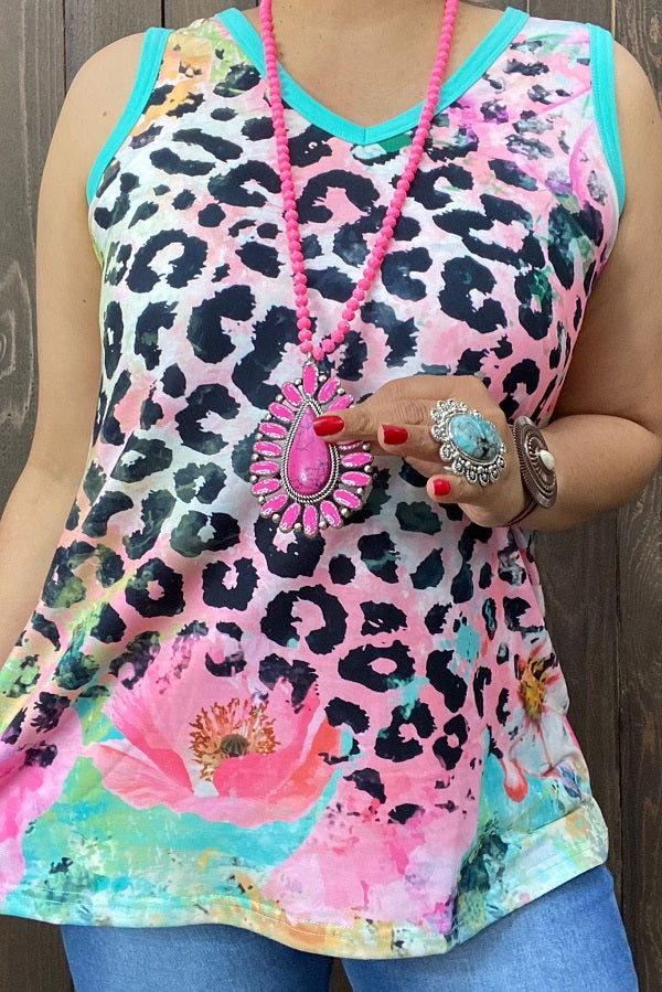 Floral & leopard printed women tank tops w/turquoise trim XCH14681