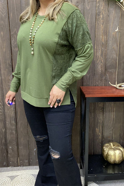 Western Green & lace patchwork long sleeve women's boutique tops GJQ15536