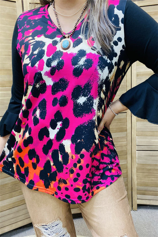 YMY15525 Fuchsia/black leopard multi color printed block black color 3/4 sleeve/ruffle bottom women tops