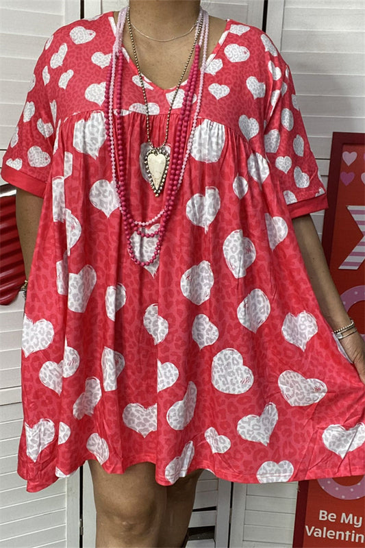 XCH14685 Light gray heart&red leopard printed short sleeve  loose women dress