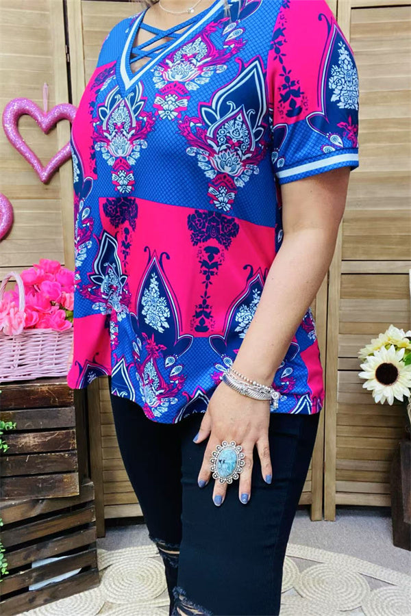 XCH15899 Blue&Fuchsia graphic multi color printed short sleeve V-neckline w/cross string women tops