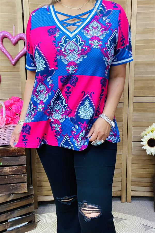 XCH15899 Blue&Fuchsia graphic multi color printed short sleeve V-neckline w/cross string women tops