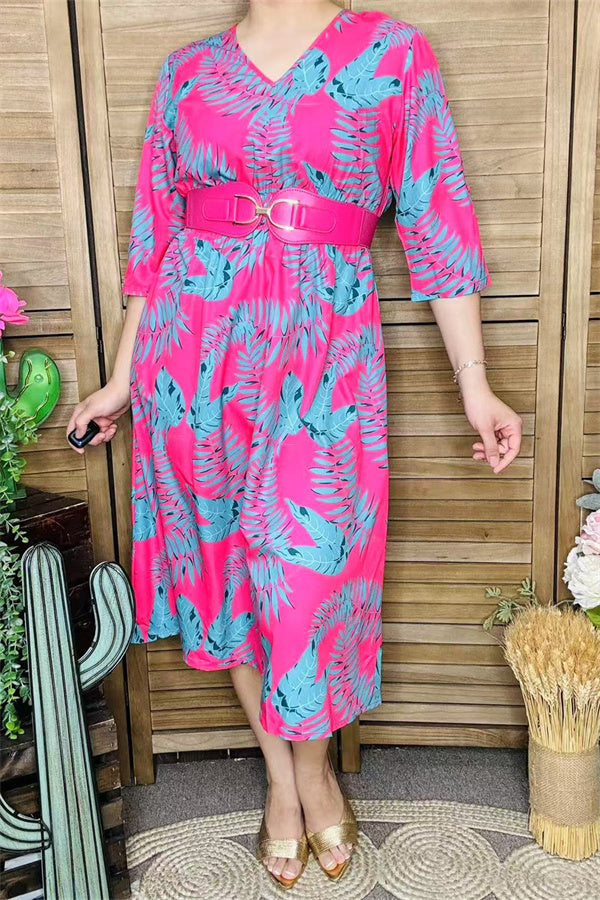 GJQ15990 Mint leaves printed the fuchsia women dress short sleeve w/side pockets &elastic waist band