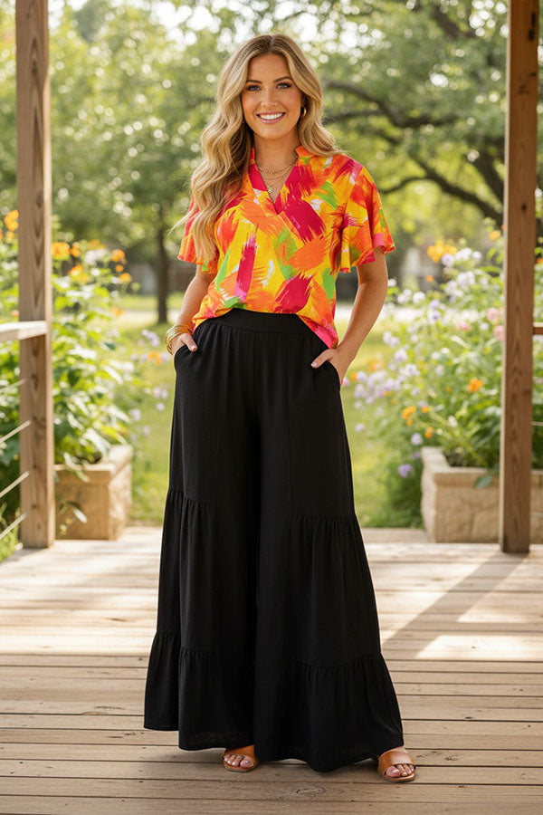 Trendy abstract print & bell sleeves women's boutique top Southern Stitch BQ16028