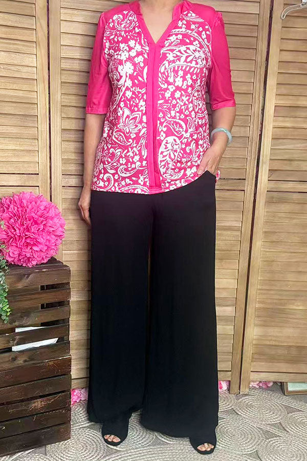 Women's boutique clothing suppliers Fuchsia paisley prints & half sleeves BQ16060