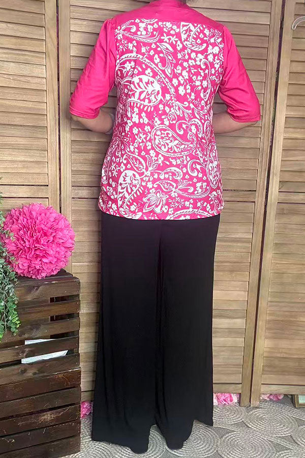 Women's boutique clothing suppliers Fuchsia paisley prints & half sleeves BQ16060