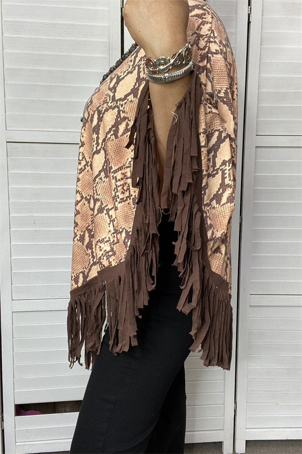 XCH13890 Snake poncho with brown fringe/tassel for women