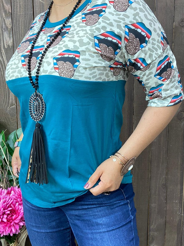 FW9819 Teal mouth&leopard multi color printed short sleeves women tops