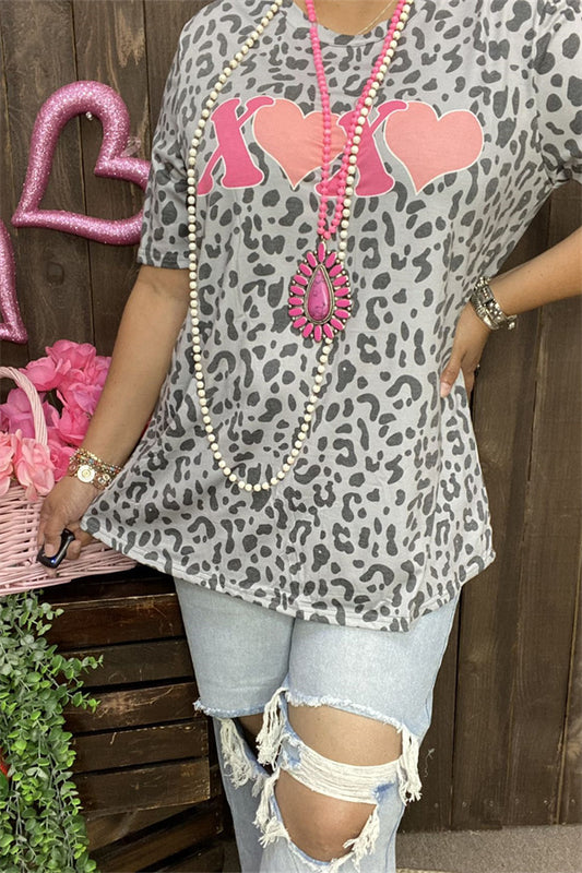 DLH12149 XX&coral heart w/ leopard printed short sleeve women top