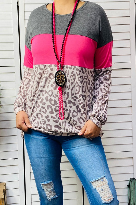 XCH14465 Grey & Pink & Leopard printed color block women top
