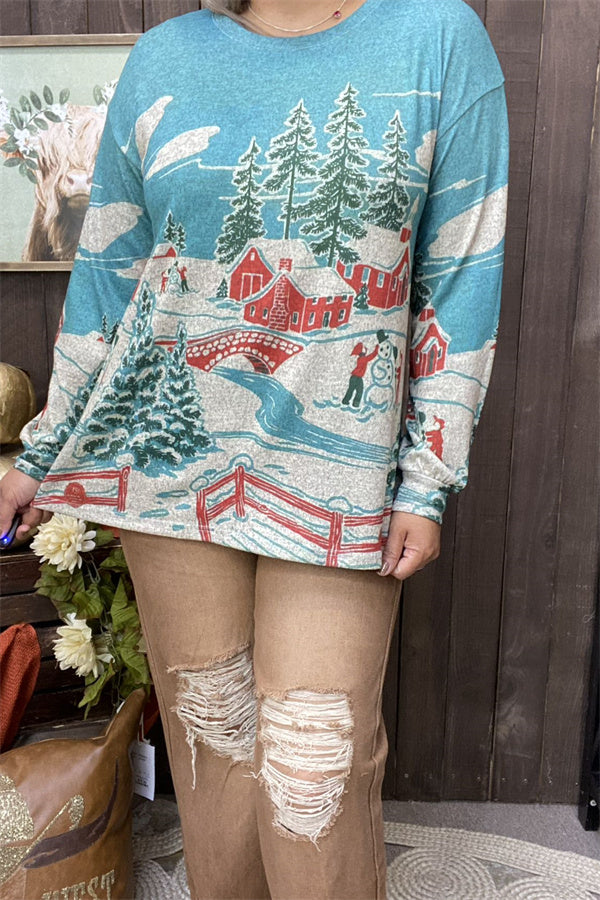 XCH15609 Christmas trees graphic multi color printed long sleeve women tops