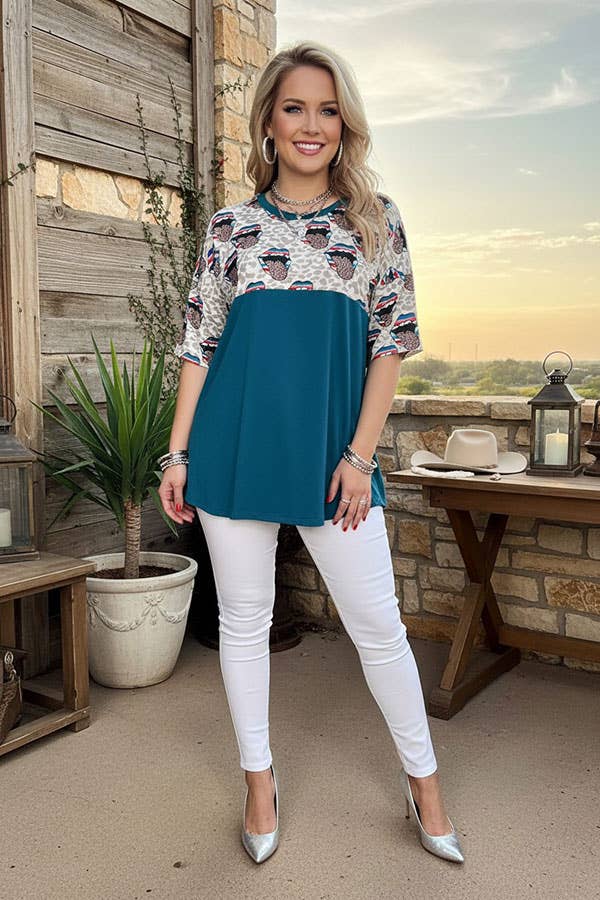 Western leopard mouth & teal short sleeves women's boutique top FW9819