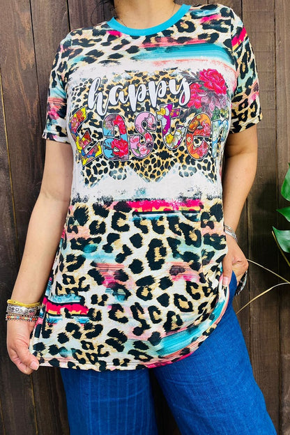 XCH12576 HAPPY EASTE leopard  printed short sleeves women top