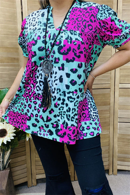 GJQ15598 Teal/fuchsia/black leopard printed short sleeve women tops w/v-neckline