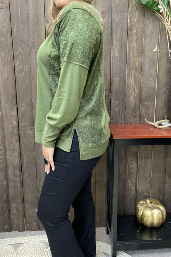 Western Green & lace patchwork long sleeve women's boutique tops GJQ15536