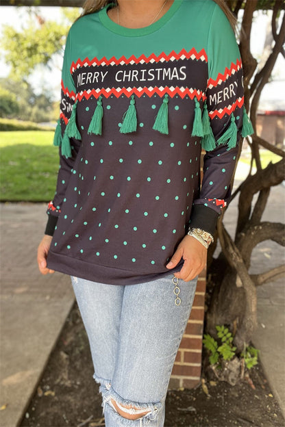 BQ15768 White"MERRY CHRISTMAS"words printed green dot green block solid color long sleeve women tops w/green tassels