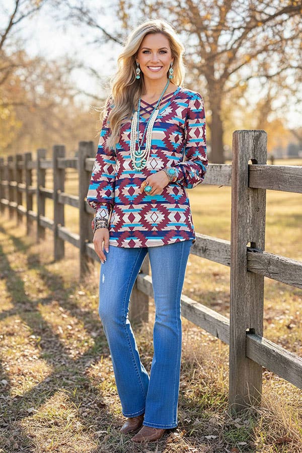 Western aztec bubble sleeve w/criss cross neckline women's boutique top BQ11481