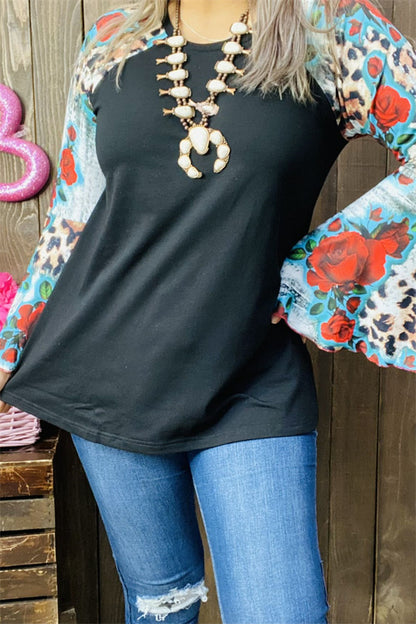 GJQ15193 Floral&Leopard multi color printed &raglan long bell sleeve women tops