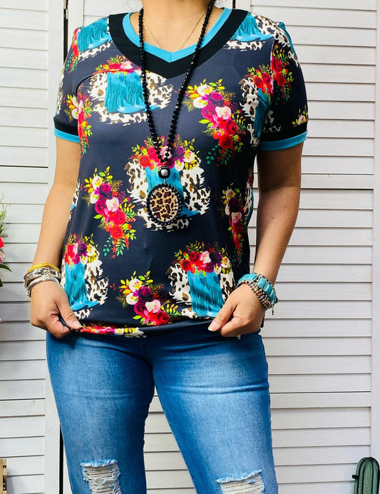 DLH12041 Turquoise leopard &amp; floral printed short sleeve top