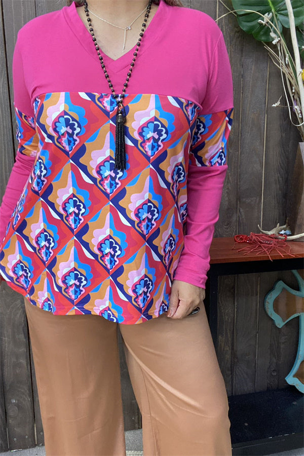 BQ15582 Floral multi color printed&block solid fuchsia color long sleeve women tops