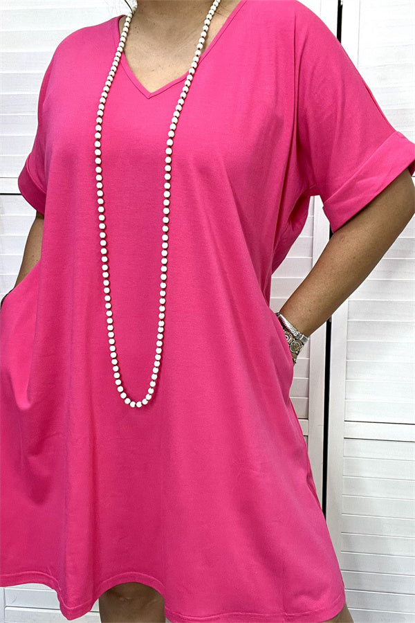 GJQ14591-1 Hot-pink women dress with short sleeve and v-neckline