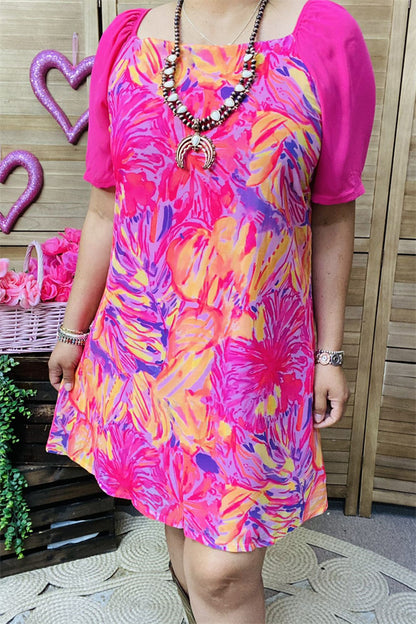 YMY15190 Plants graphic multi color printed fuchsia short sleeve women dress