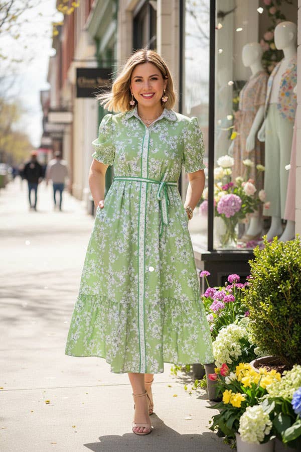Southern Stitch Green floral printed maxi women dress w/belt GJQ17013