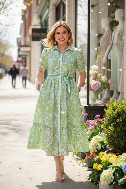 Southern Stitch Green floral printed maxi women dress w/belt GJQ17013