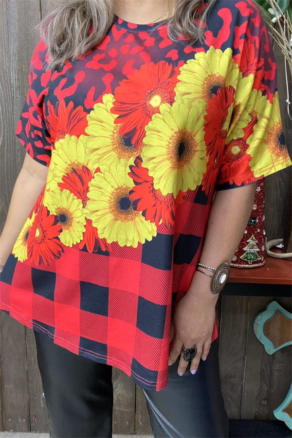 XCH13826 Plaid daisy flower red/yellow/black printed short sleeve women tops