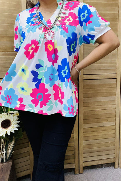 XCH15792 Blue/pink multi color printed sunflower short sleeve women tops w/v-neckline