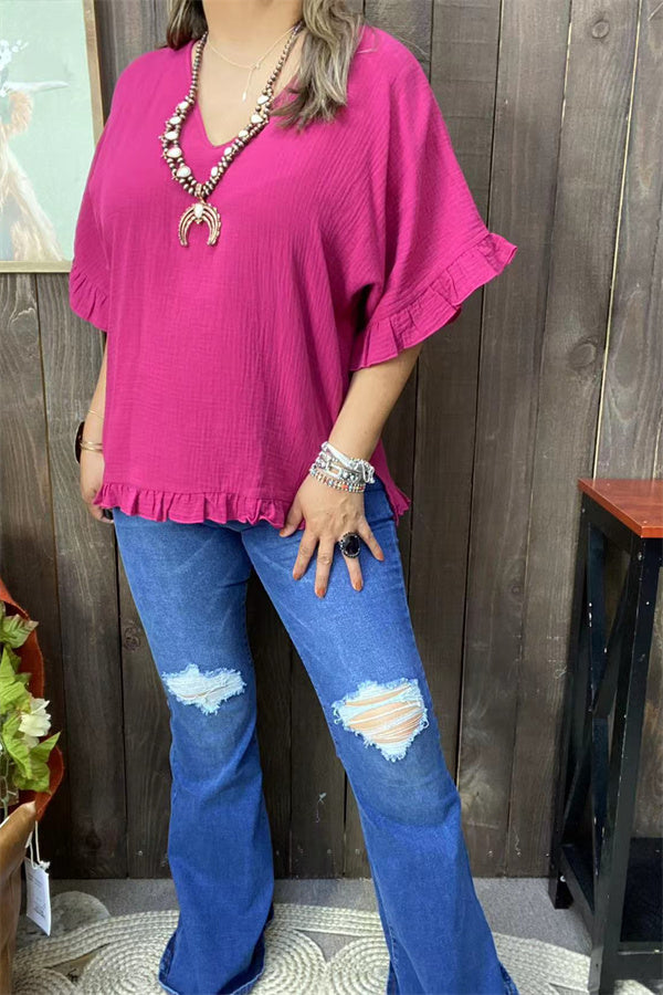 GJQ15661 Plum Bell w/ruffle short sleeve &loose women blouse