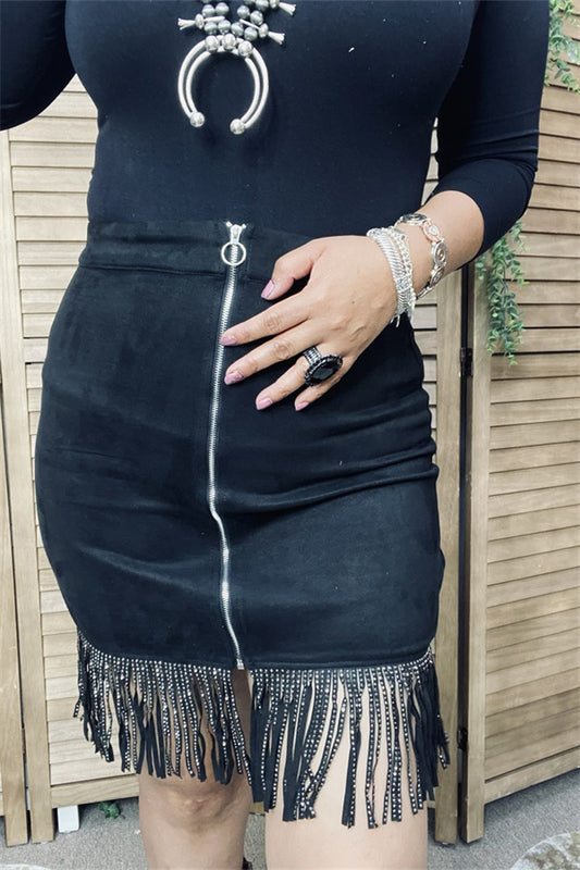 XCH13307 Black printed rhinestone fringe w/white zipper tighten skirt for women