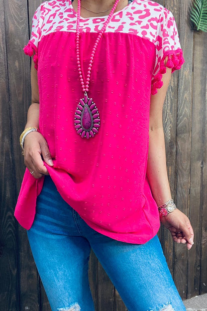 Pink leopard printed/ fuchsia block short sleeves/tassel women top BQ14808