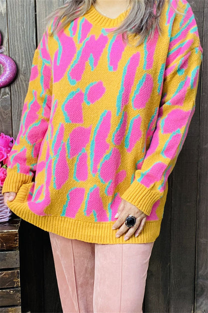 MY13394 Pink/yellow/turquoise leopard print long sleeve sweater