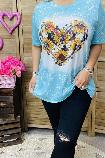 DLH13771 Cow & Sunflower heart printed turquoise short sleeve top