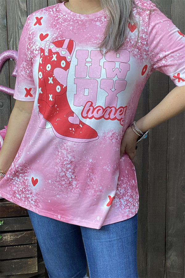 XCH14135 Fuchsia boots &"HOW DY honey"and heart printed short sleeve women pink tops