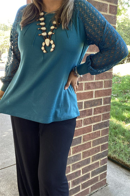 XCH15449 Turquoise solid color long sleeve/lace raglan design women tops