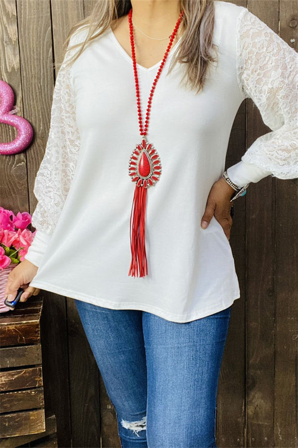 BQ14110-1 White women top w/lace tighten cuff  long sleeves w/v-neckline