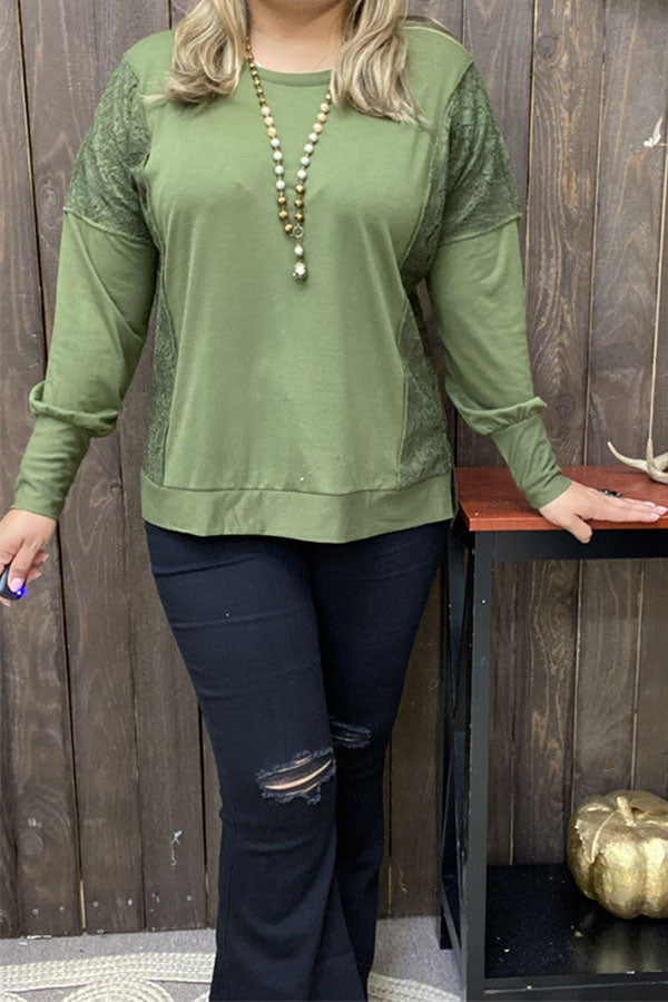 Western Green & lace patchwork long sleeve women's boutique tops GJQ15536