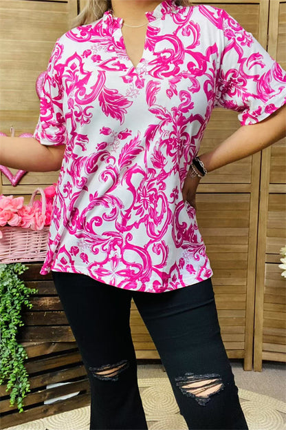 BQ15863 Fuchsia paisley printed short sleeve w/double fold trim women top w/V-neckline