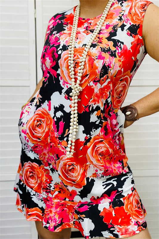 YMY13144 Black&Coral floral multi color printed sleeveless women dresses