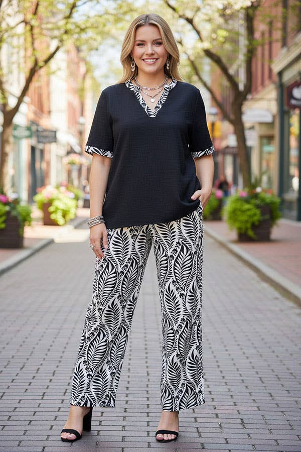Black short sleeve top & wide leg pant 2pc women set GJQ16908