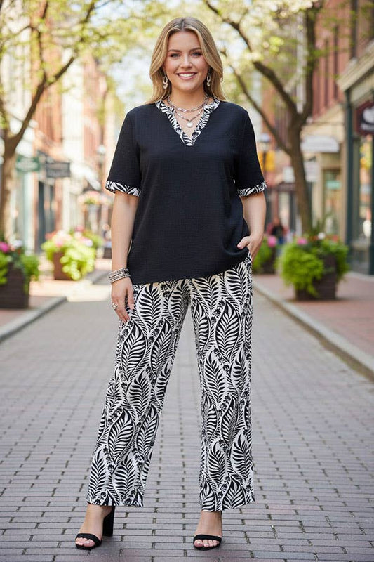 Black short sleeve top & wide leg pant 2pc women set GJQ16908