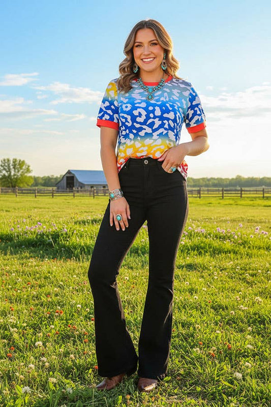 Multi color leopard printed short sleeve w/red trim women top BQ11766