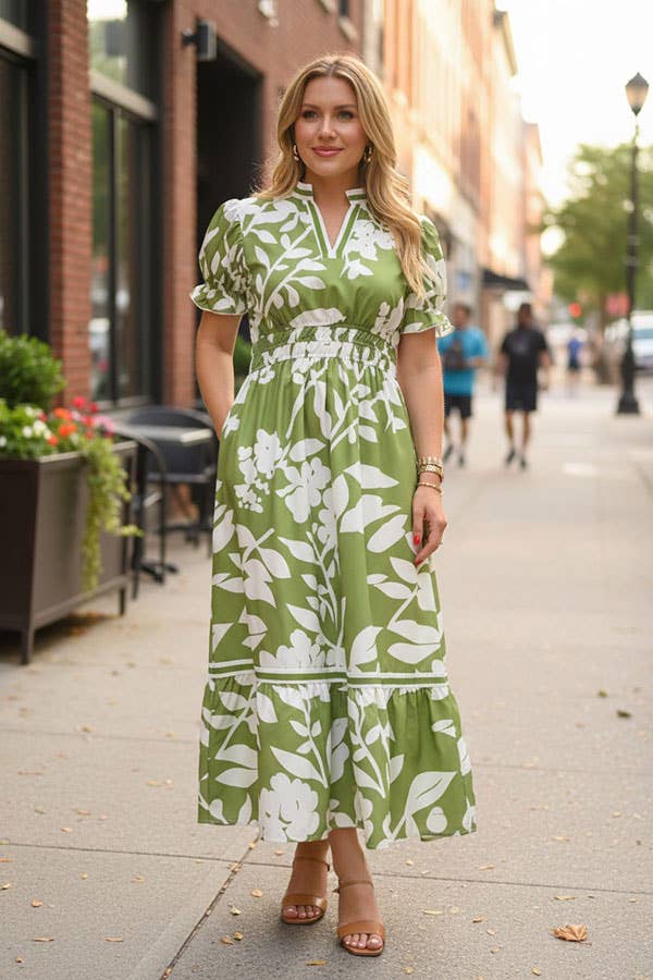 Southern Stitch Green floral print tiered short sleeve maxi dress GJQ16997