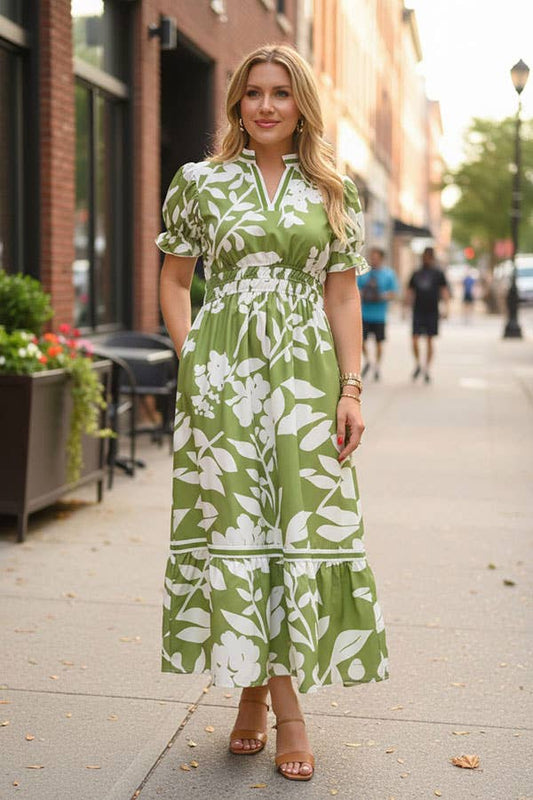Southern Stitch Green floral print tiered short sleeve maxi dress GJQ16997