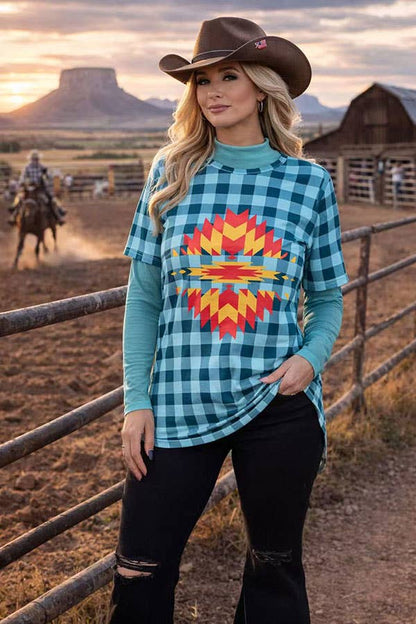 T-shirt suppliers Blue checkered & aztec printed short sleeve women tops XCH12304
