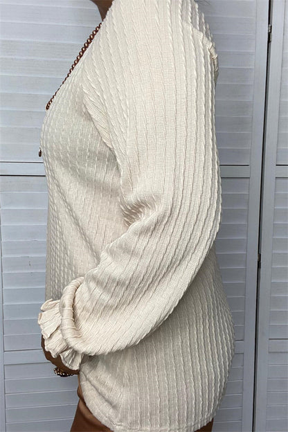 XCH15180 Knitted beige solid color fabric white ruffle trim tighten cuff long sleeve women tops