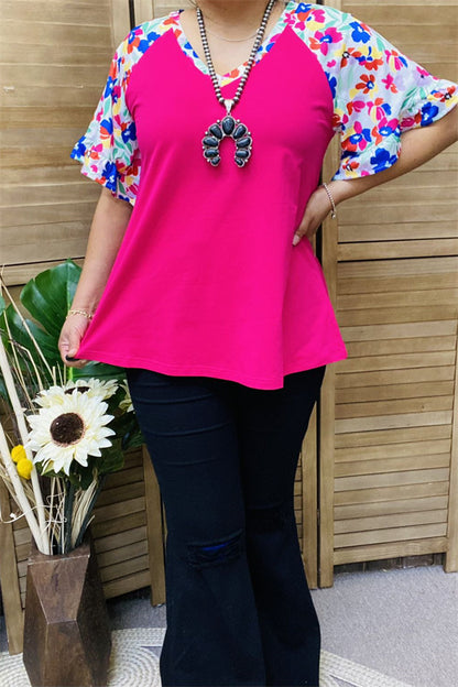 XCH15847 Multi color floral printed short sleeve/ruffle V-neckline women fuchsia tops